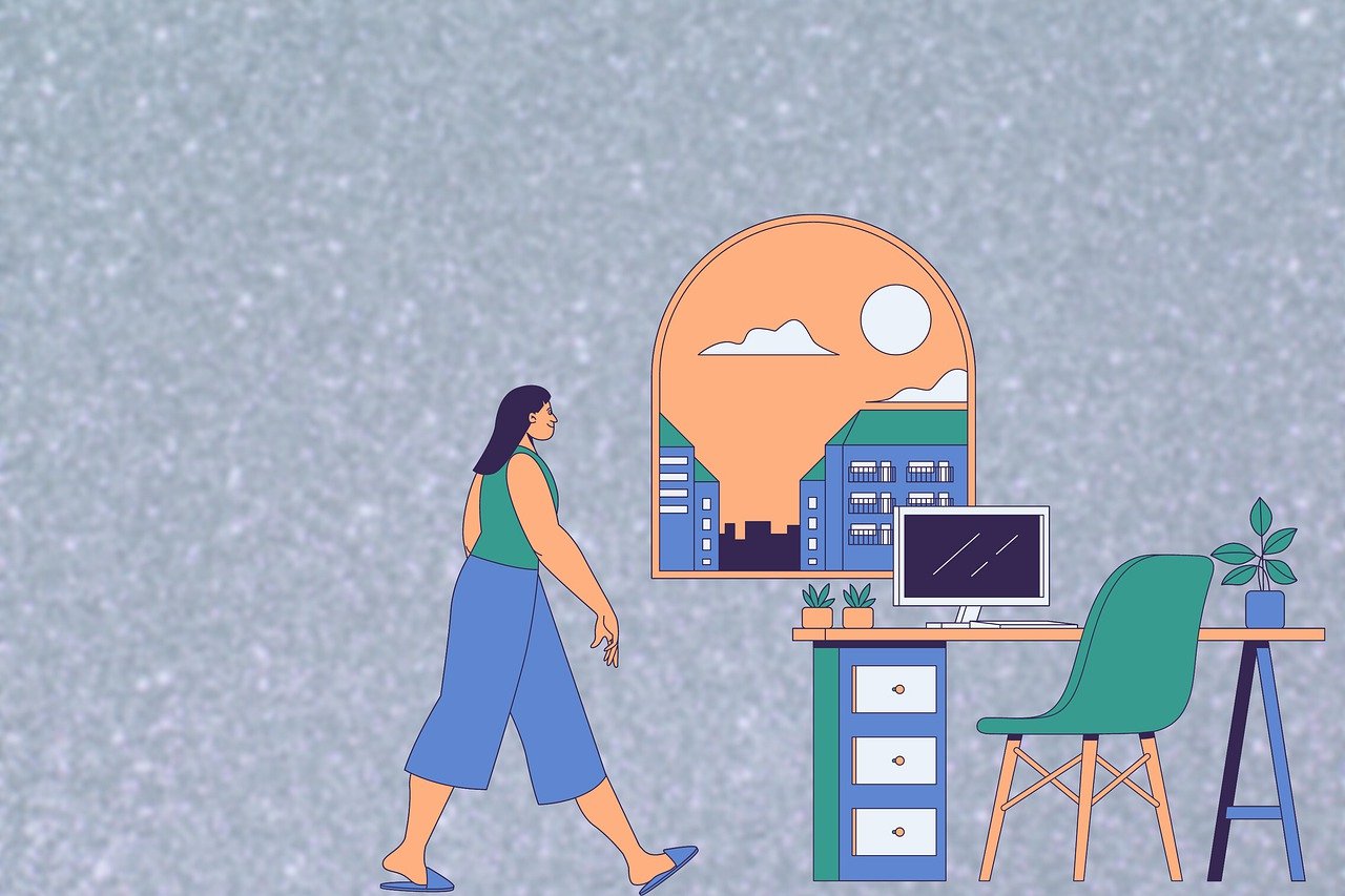 Illustration of a woman walking to her desk beside a window.