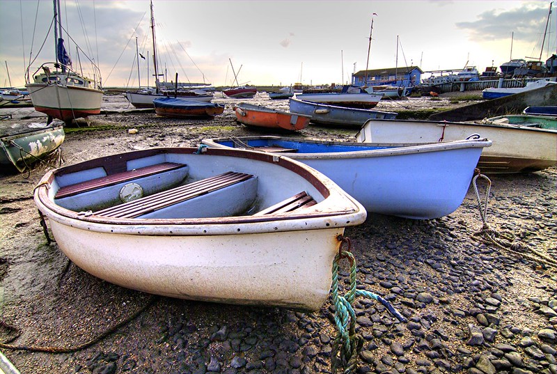 Boats in the dry harbour at Leigh-on-Sea