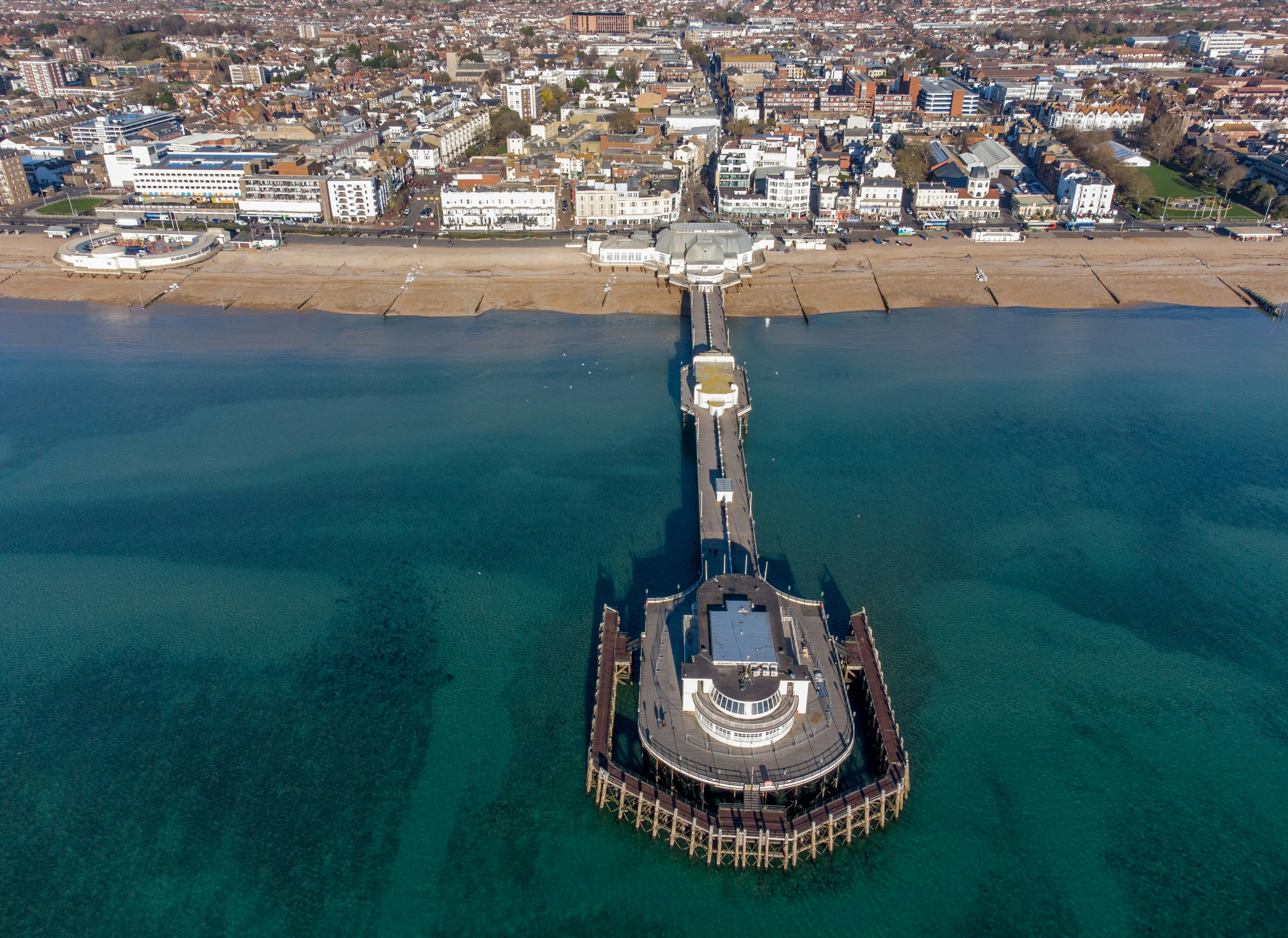 An aerial shot of Worthing beach and pier