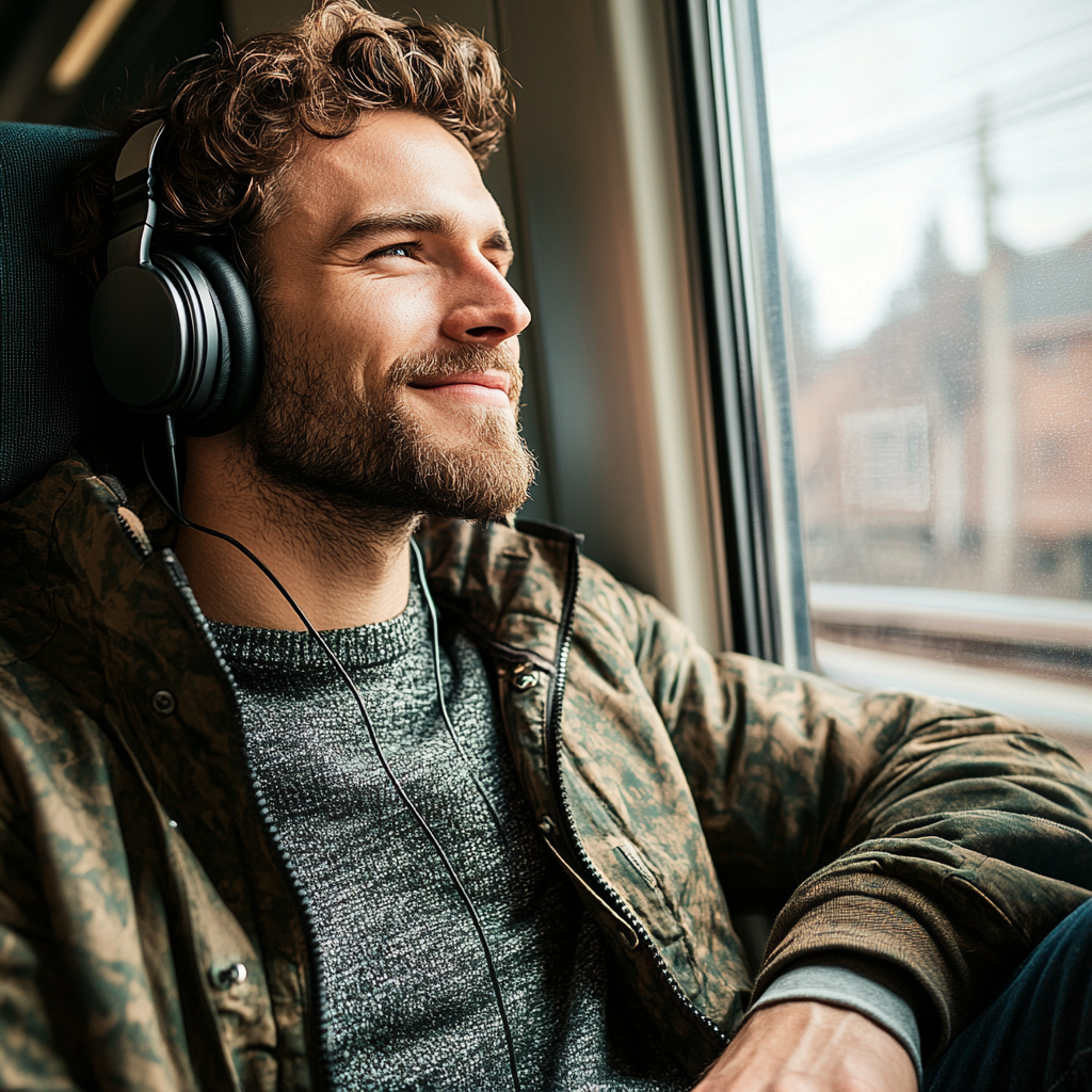 A handsome man on a train wearing headphones and looking out of the window smiling.