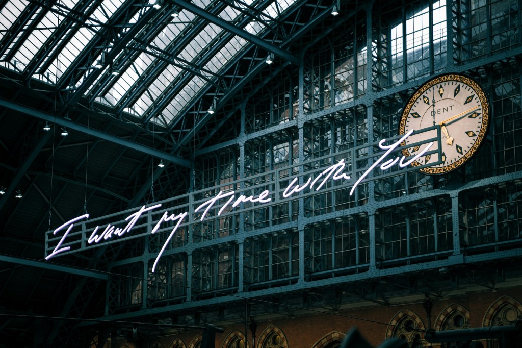 A neon sign in London St Pancras station