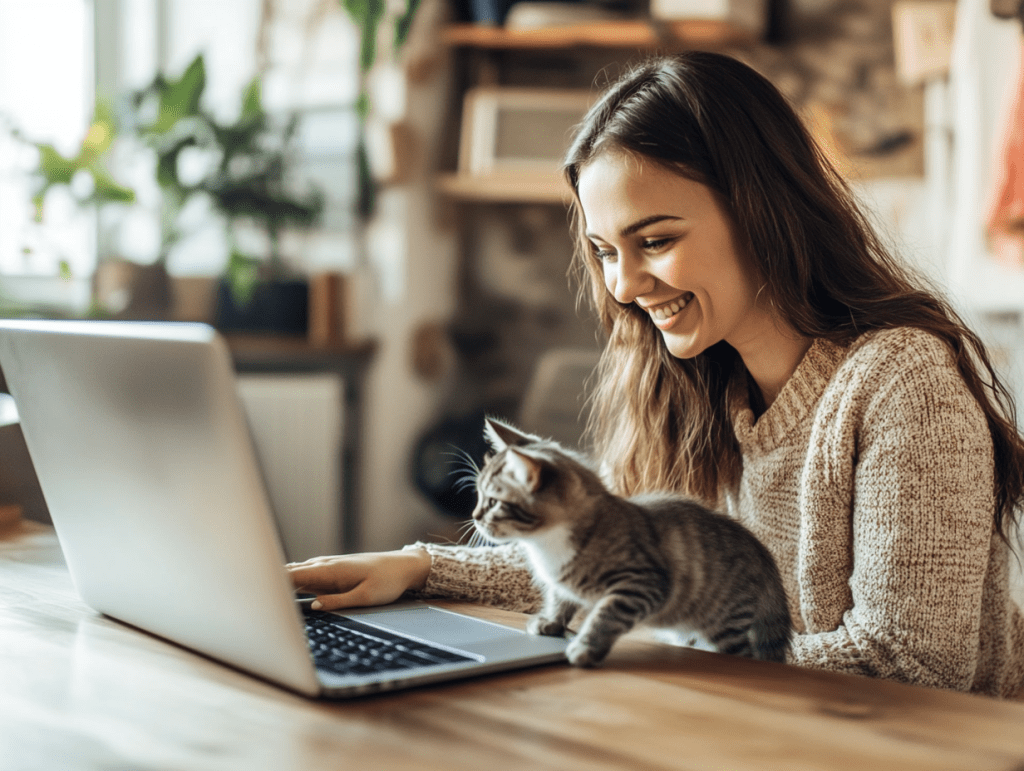 A woman smiling at her laptop. A kitten is sitting between her and the computer.