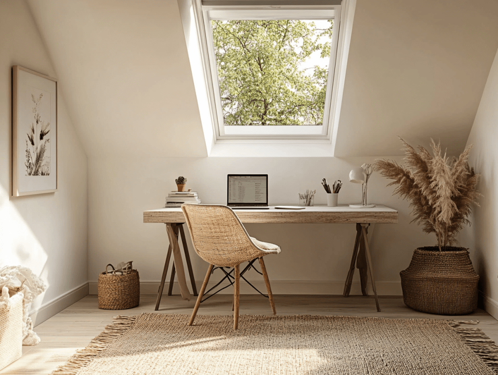 An office in a loft with a roof window.