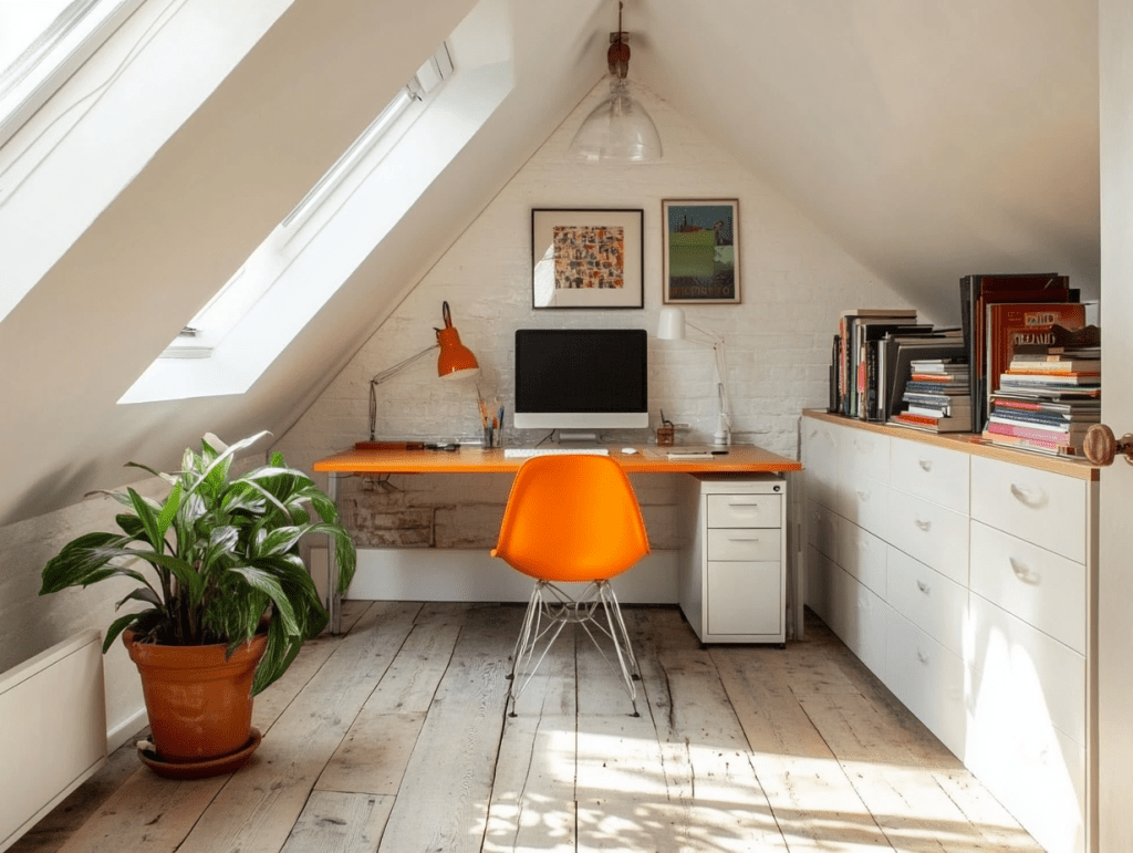 An office in a loft conversion with a desk and a brightly coloured desk chair.