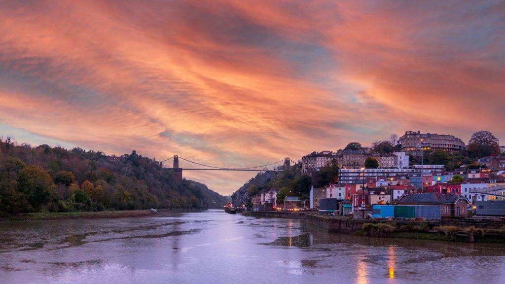 Sunset over the bridge outside Bristol