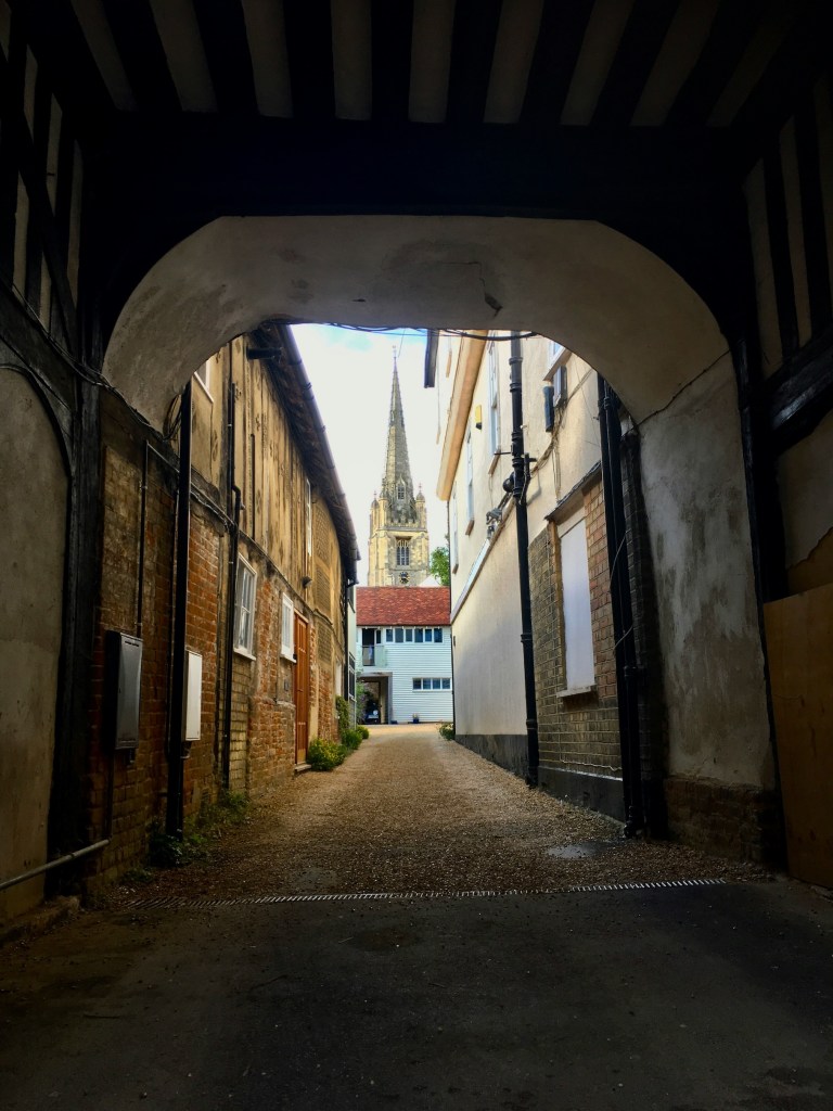 Looking up a narrow street in Saffron Walden.