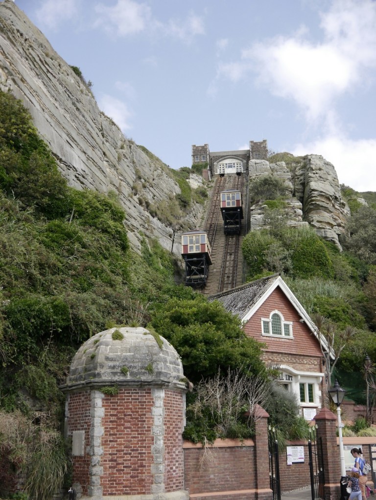 A funicular railway climbing up a cliff in Hastings.