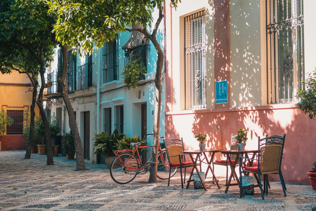 Tables and chairs in the shade of some trees on a street in Spain.