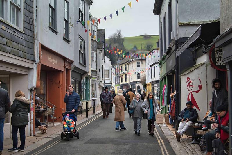 A busy street in Totnes.