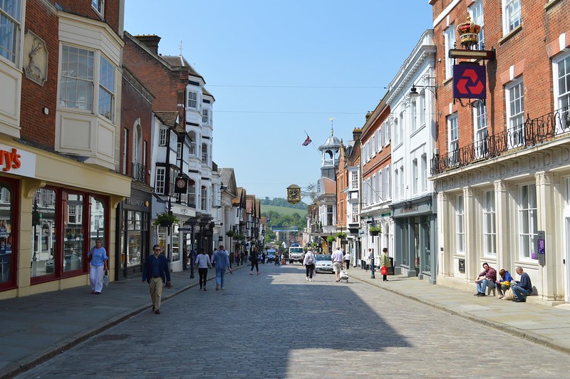 The high street of Guildford, a convenient commuter town for London.