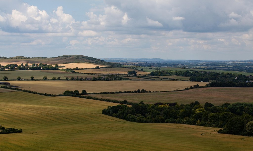 Aerial view of the rolling green countryside of the Chiltern Hills.